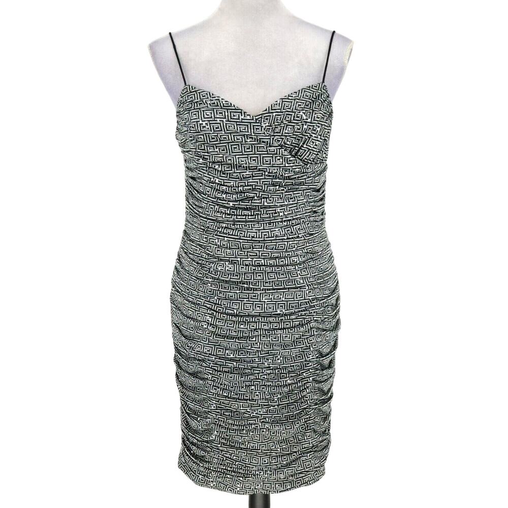 Phoebe Dress Womens 8 Black White Sequins Spaghetti Strap Lined Stretch Bodycon